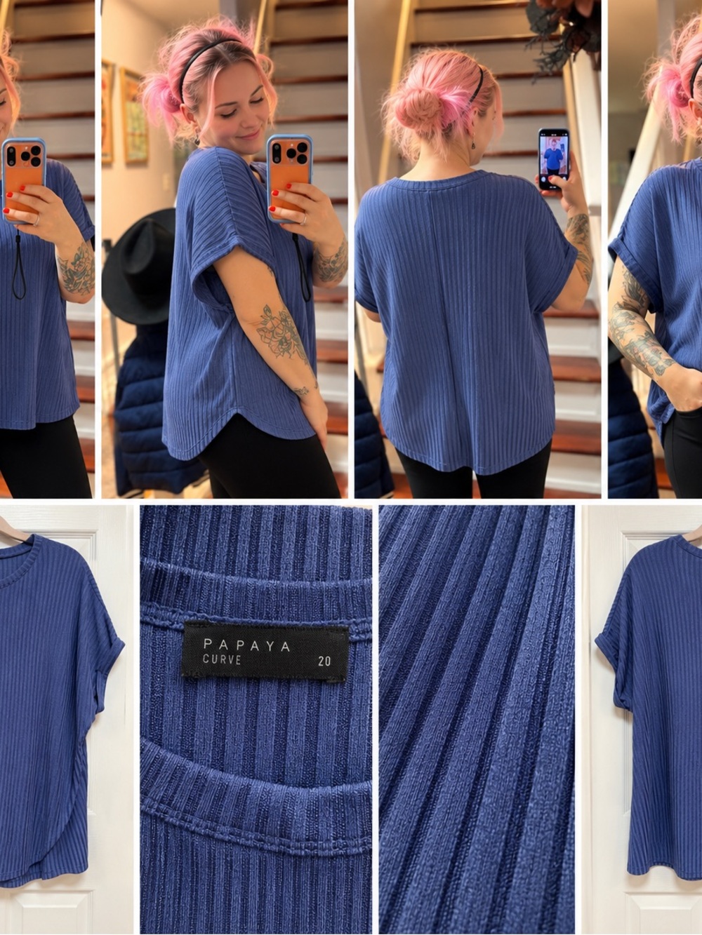 Papaya Ribbed Short-Sleeve Top in Blue